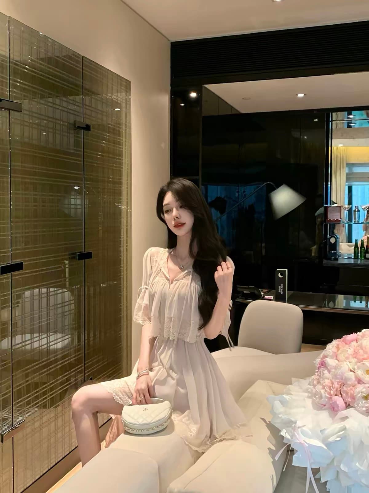 justqin 모래 페인트 어린이 2026 새로운 여름 드레스 섹시함 레이스 미니 스커트 순수한 욕망 허리 수축 여성 드레스 상세 이미지 2