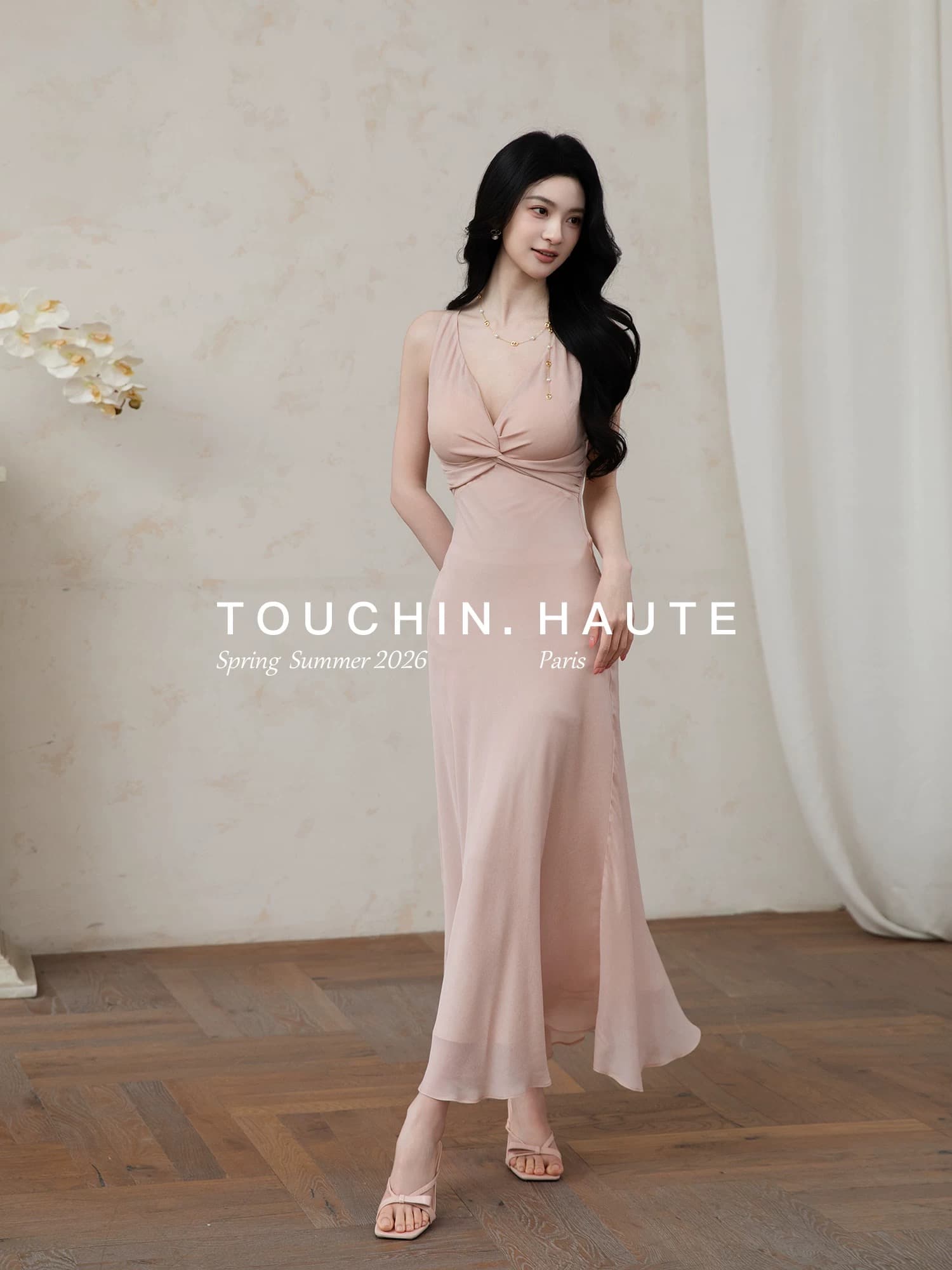 touchin haute 사랑 흐름 1oo 사람들 실크 V넥 비틀림 레트로 허리 수축 슬림해 보이는 품격 여성 드레스 이미지 2
