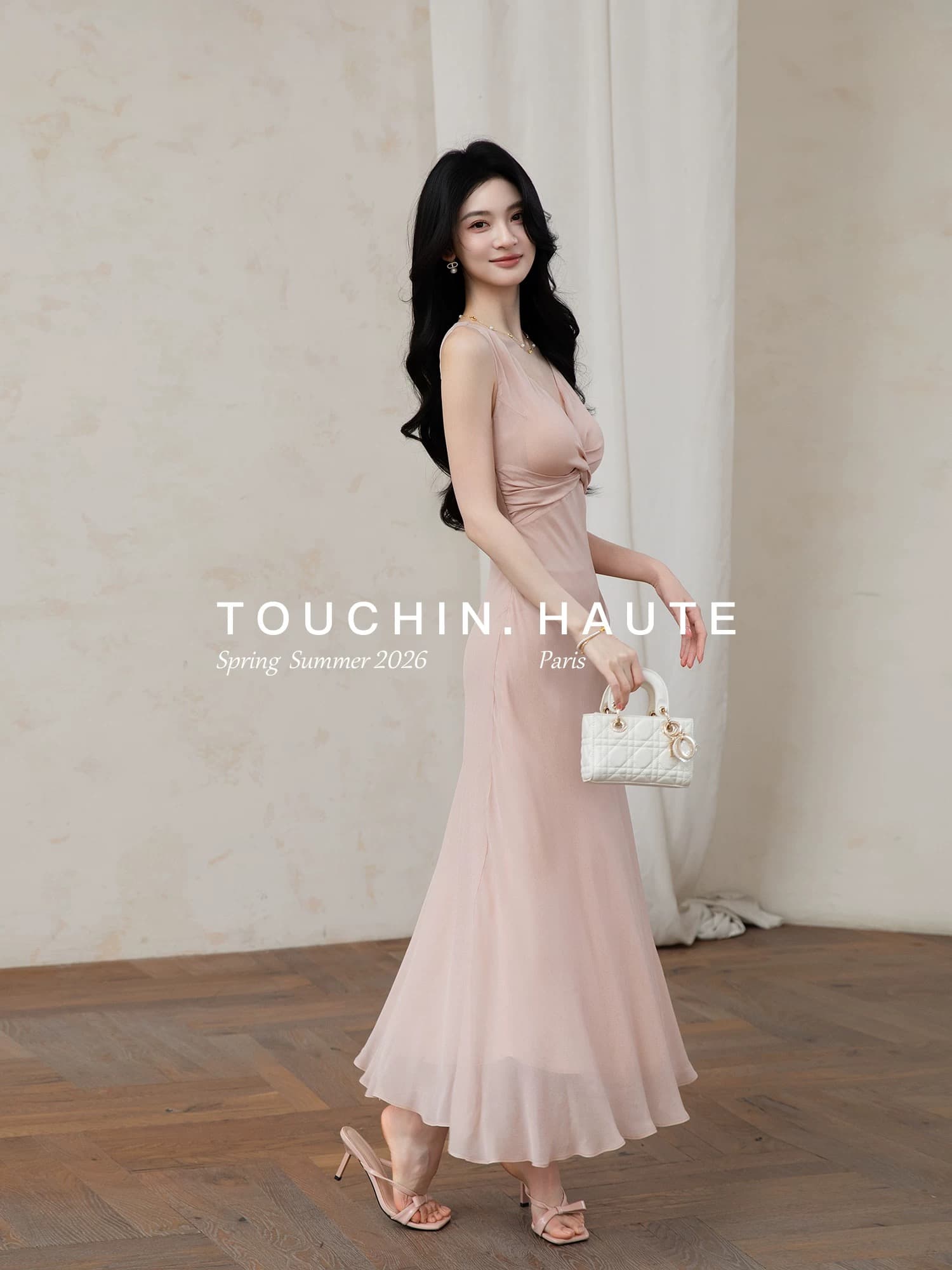 touchin haute 사랑 흐름 1oo 사람들 실크 V넥 비틀림 레트로 허리 수축 슬림해 보이는 품격 여성 드레스 이미지 3