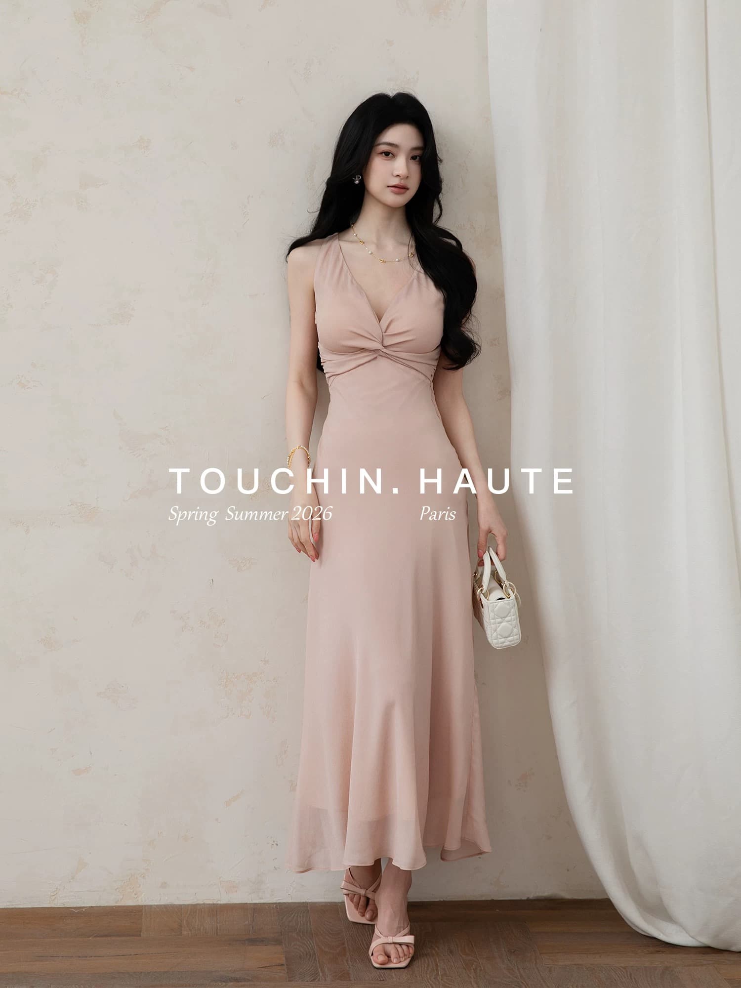 touchin haute 사랑 흐름 1oo 사람들 실크 V넥 비틀림 레트로 허리 수축 슬림해 보이는 품격 여성 드레스 상세 이미지 6