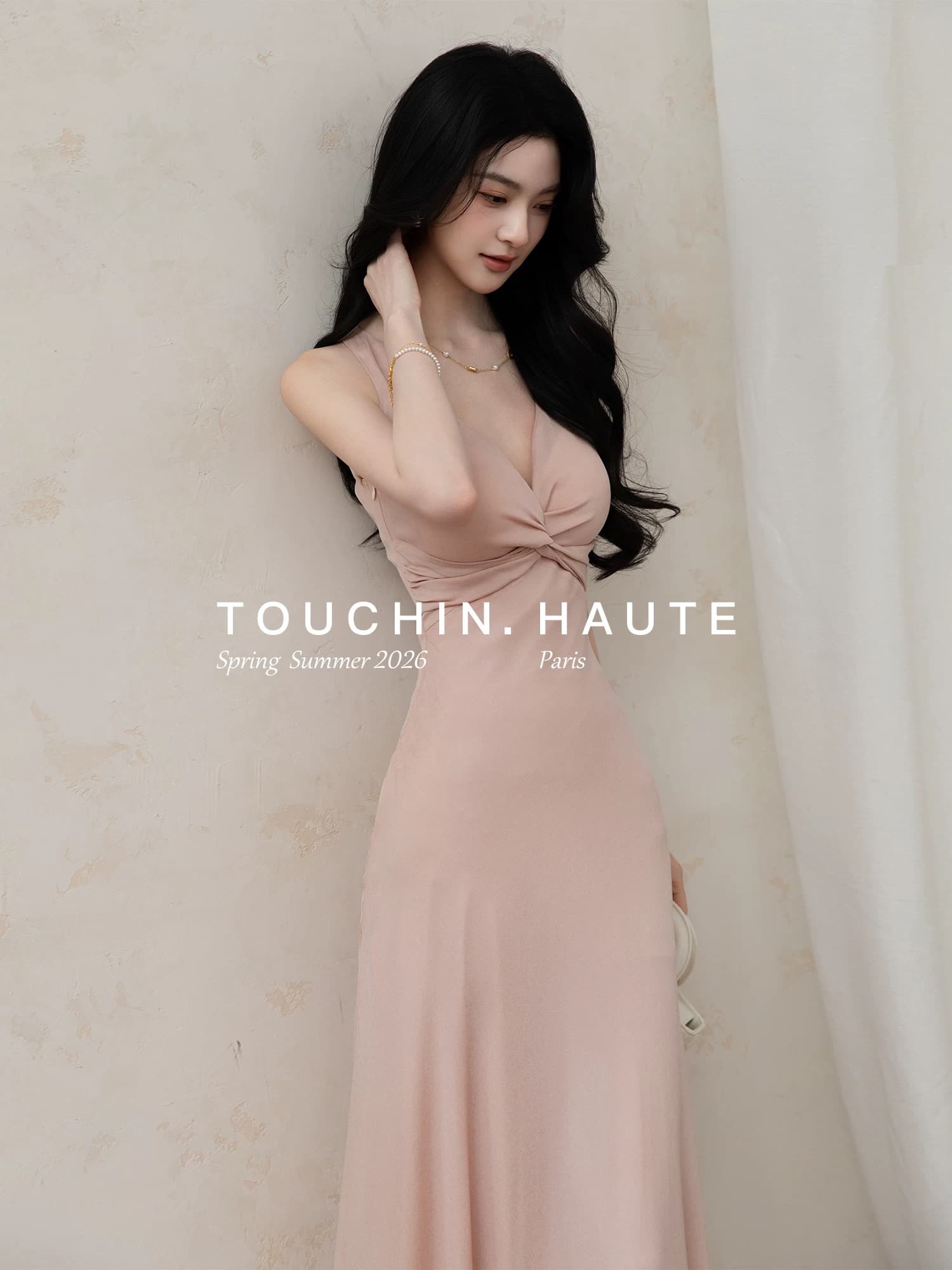 touchin haute 사랑 흐름 1oo 사람들 실크 V넥 비틀림 레트로 허리 수축 슬림해 보이는 품격 여성 드레스 상세 이미지 7