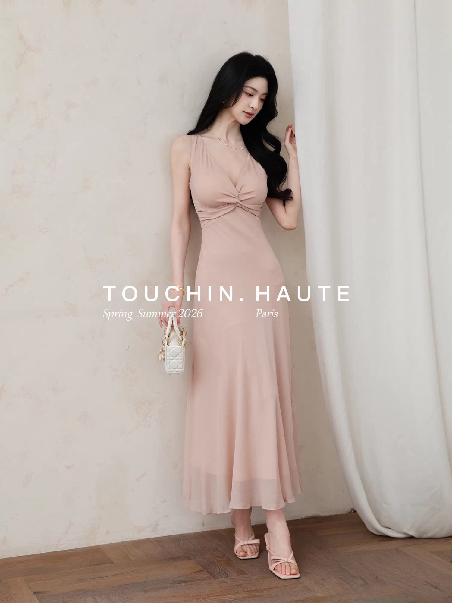 touchin haute 사랑 흐름 1oo 사람들 실크 V넥 비틀림 레트로 허리 수축 슬림해 보이는 품격 여성 드레스 상세 이미지 8