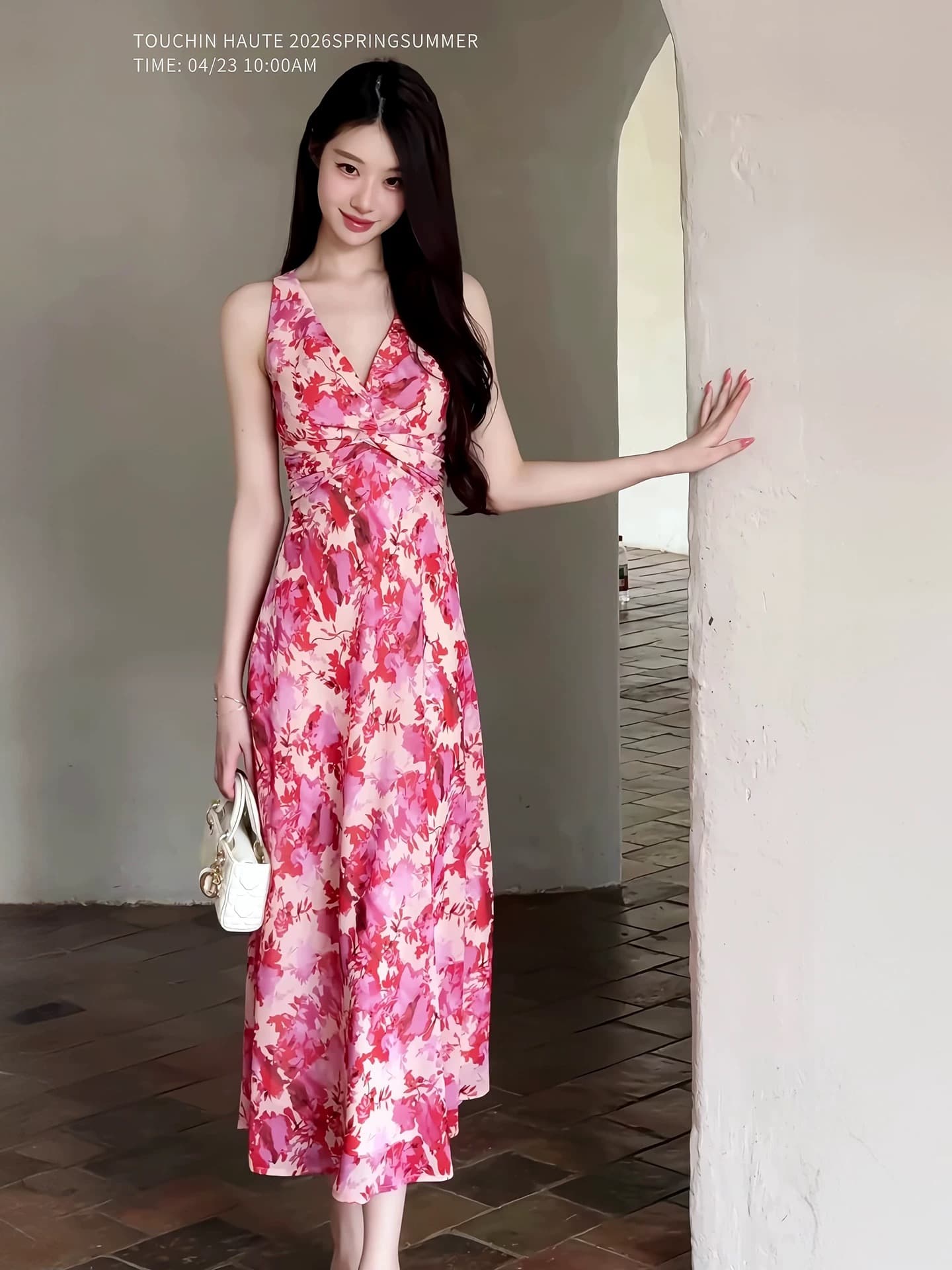 touchin haute 사랑 흐름 1oo 사람들 실크 V넥 비틀림 레트로 허리 수축 슬림해 보이는 품격 여성 드레스 상세 이미지 13