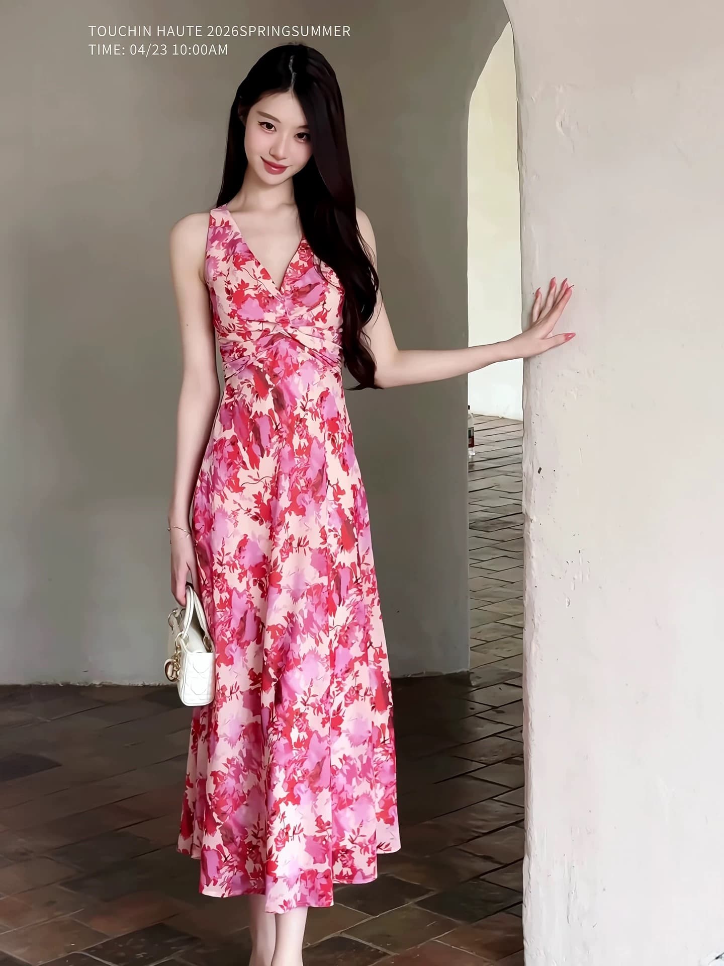 touchin haute 사랑 흐름 1oo 사람들 실크 V넥 비틀림 레트로 허리 수축 슬림해 보이는 품격 여성 드레스 상세 이미지 16