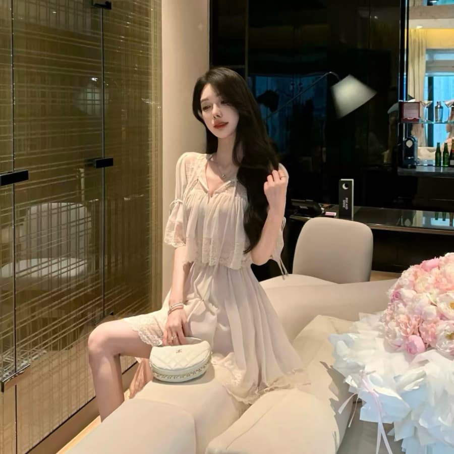 justqin 모래 페인트 어린이 2026 새로운 여름 드레스 섹시함 레이스 미니 스커트 순수한 욕망 허리 수축 여성 드레스 이미지 5