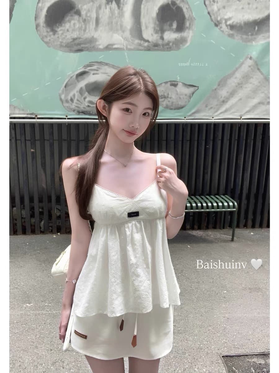 화이트 워터 여성 miu 부서 세트 그룹 순면 자수 슬립 여성 드레스 여름 한 부서 부드러운 낭만주의 바람 미니 스커트 상세 이미지 1