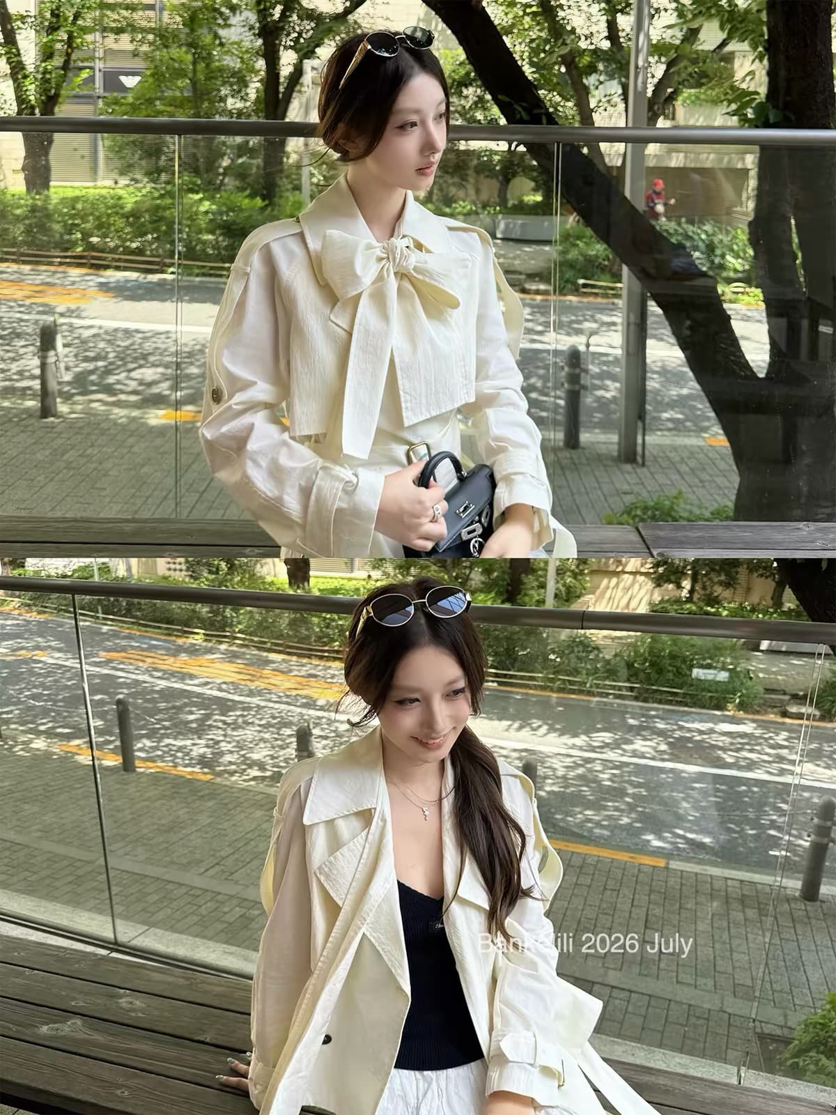 밤나무 코코아 bankelili 힘 바람막이 품격 영국식 바람 나비 매듭 리본 짧은 바람막이 여성 코트 이미지 3