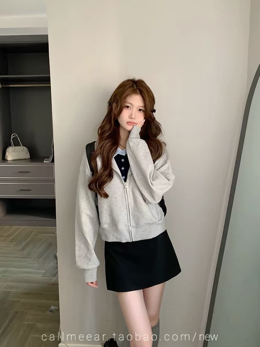 callmeear 가벼움 빈 가스 층 나비 매듭 후드티 쇼트 스타일 지퍼 후드 티 스웨터 여성 가을 재킷 상세 이미지 1