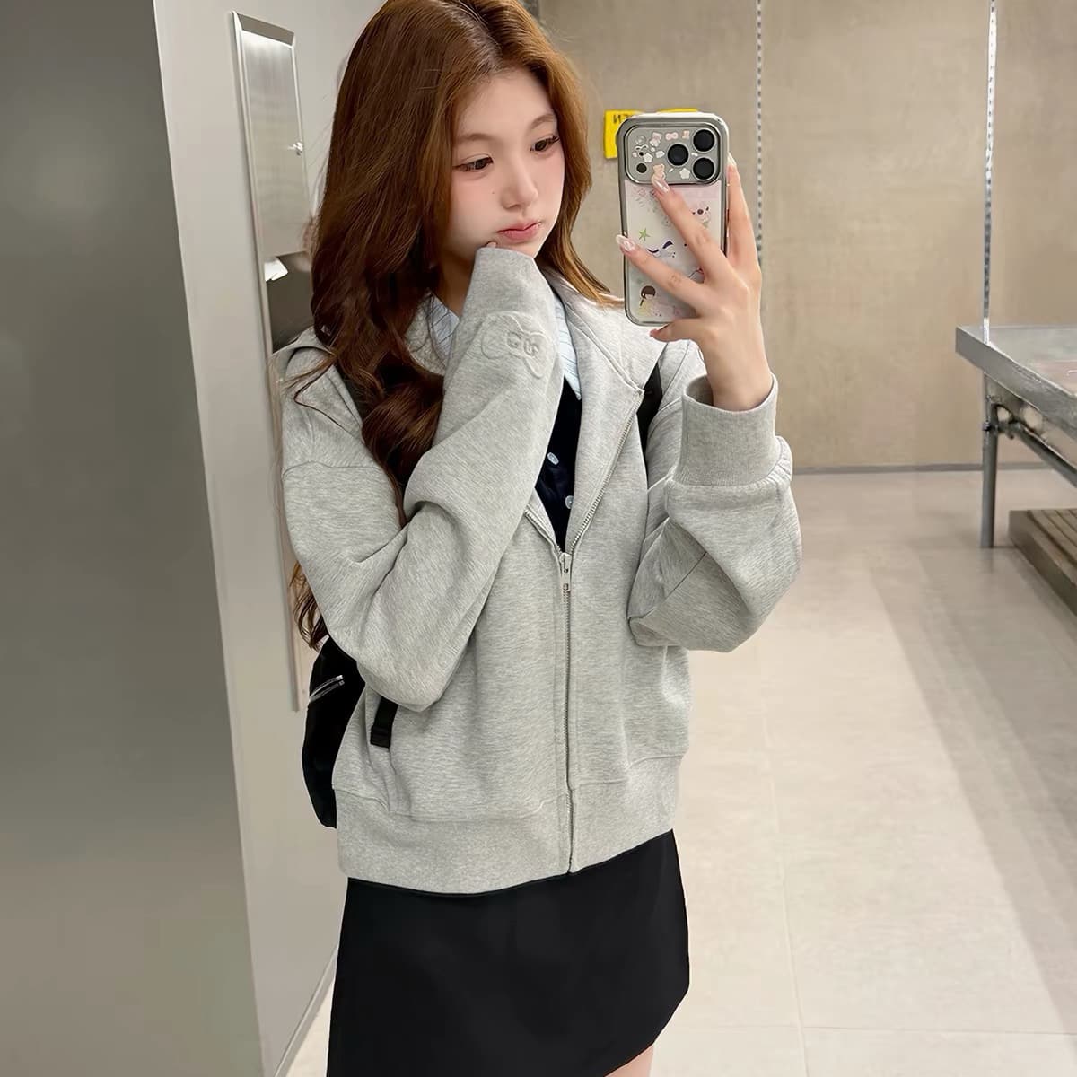 callmeear 가벼움 빈 가스 층 나비 매듭 후드티 쇼트 스타일 지퍼 후드 티 스웨터 여성 가을 재킷 이미지 5