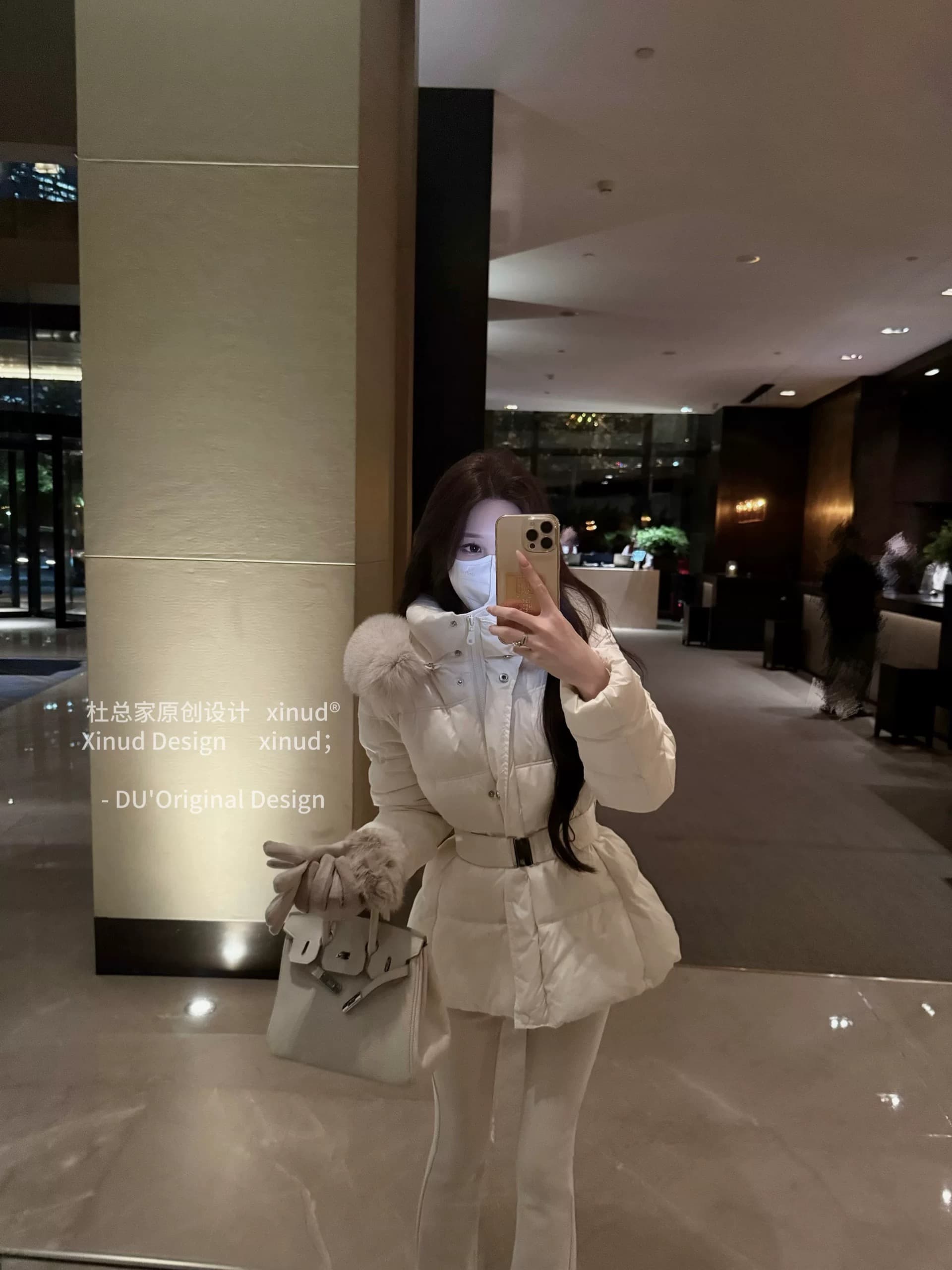 Du 합계 홈 한 여성 모래 시계 허리 다운 재킷 한 부서 부드러운 바람 보온 모피 칼라 후드 허리 수축 화이트 덕 다운 여성 겨울 이미지 3