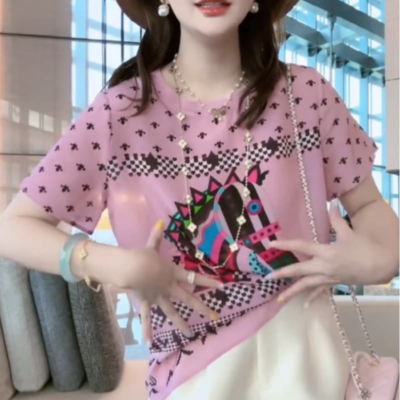 캐주얼 패션 패턴 디자인 루즈핏 에디션 라운드 넥 반팔 얇고 가벼운 편안함 다용도 T 2026 봄 새로운 여성 이미지 5