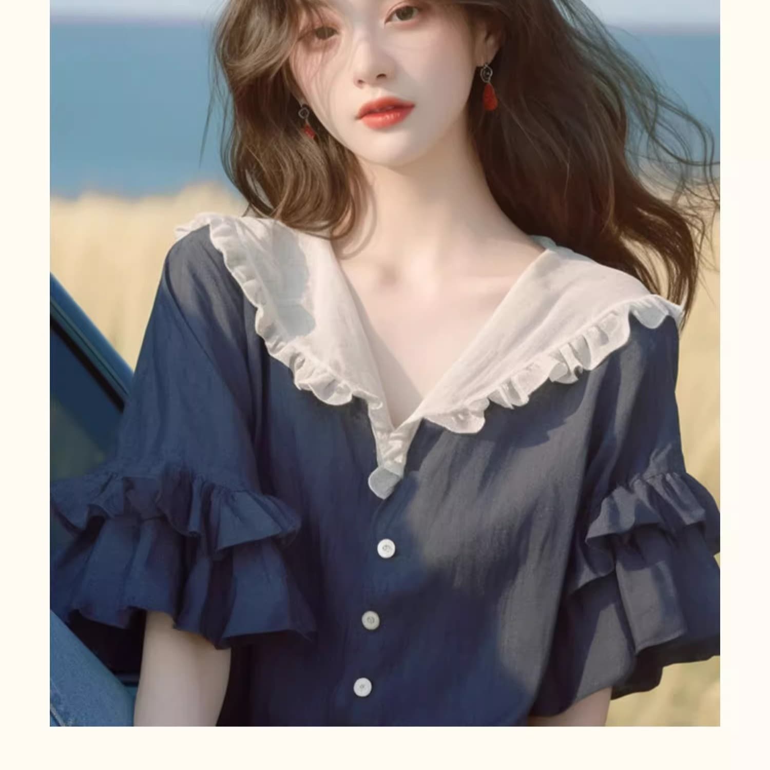여름 인기 폭발 디자인 센스 맨위 작은 대중 외국 가스 프랑스식 고급 아름다운 검정색 프릴 칼라 반팔 셔츠 이미지 5