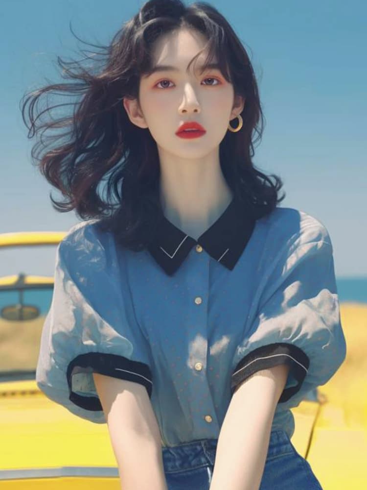 여름 인기 폭발 맨위 작은 대중 외국 가스 연령 감소 루즈핏 표지 배 문예 파란색 거품 소매 도트 무늬 여성 셔츠 이미지 2