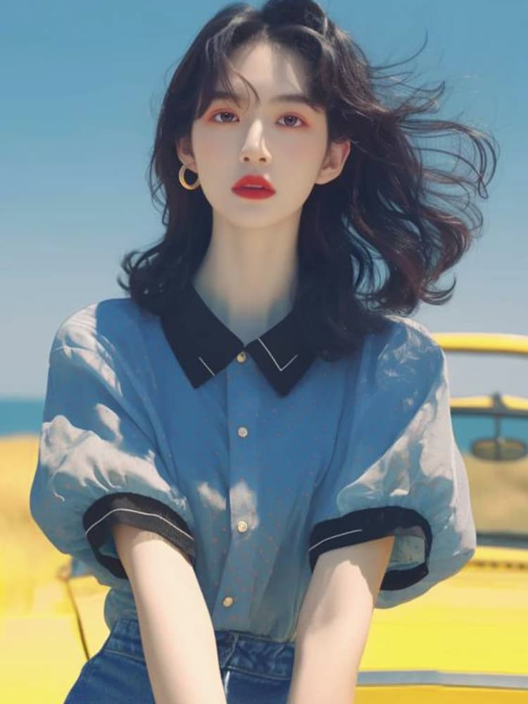 여름 인기 폭발 맨위 작은 대중 외국 가스 연령 감소 루즈핏 표지 배 문예 파란색 거품 소매 도트 무늬 여성 셔츠 이미지 4