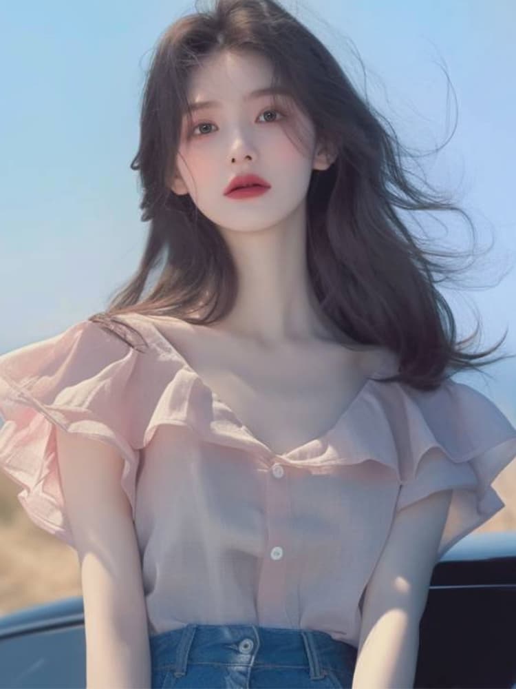 올해 인기 ~ 중 아름다운 시폰 셔츠 여성 작은 대중 고유 한 Chic 한 부서 달콤함 핑크색 프릴 V 넥 셔츠
