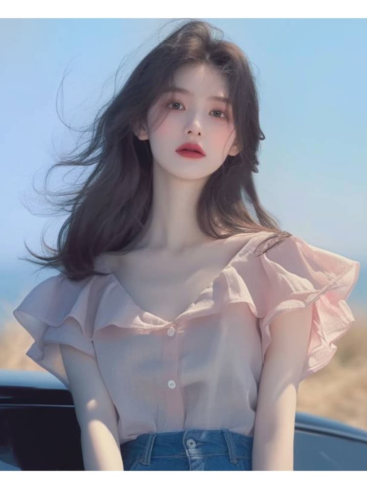 올해 인기 ~ 중 아름다운 시폰 셔츠 여성 작은 대중 고유 한 Chic 한 부서 달콤함 핑크색 프릴 V 넥 셔츠 이미지 3