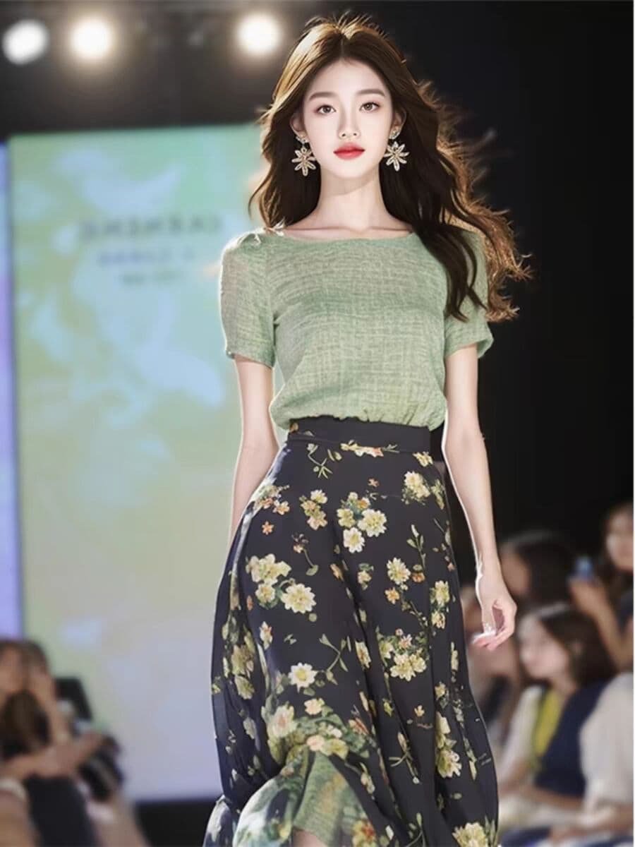 차 부서 착용 가져 가라. 전체 집합 감정 ~ 중 품격 고급 절묘한 녹색 꽃무늬 점프 슈트 치마 세트 여성 여름 이미지 2
