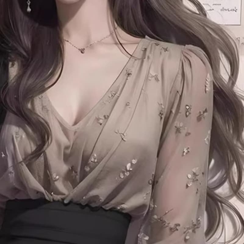 누락 된 카운터 빼다 꼬리 싱글 맨위 빛 요리 한 프랑스식 작은 대중 부드러운 바람 품격 명문 여성 긴팔 V 넥 셔츠 이미지 5
