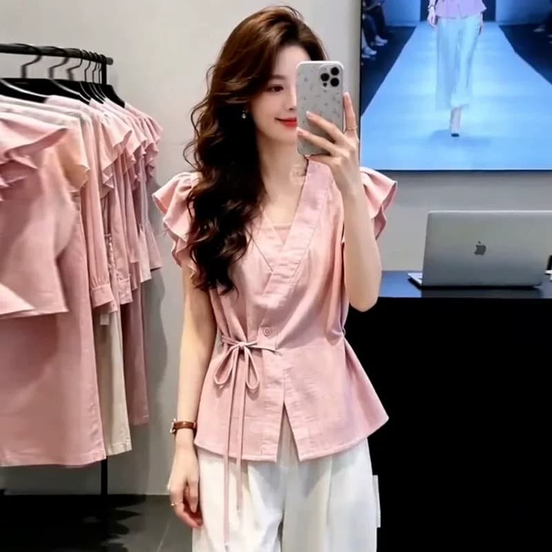 프랑스식 Feifei 소매 패션 여성 셔츠 2026 여름 새로운 외국 가스 슬림해 보이는 다용도 허리 수축 레이스업 셔츠 맨위 상세 이미지 9