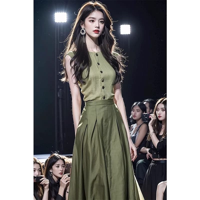 작은 샤넬 스타일 숙녀 품격 착용 가져 가라. 고급 센스 샤오 양 로드 중 녹색 조끼 맨위 반신 치마 세트 여성 여름 이미지 2