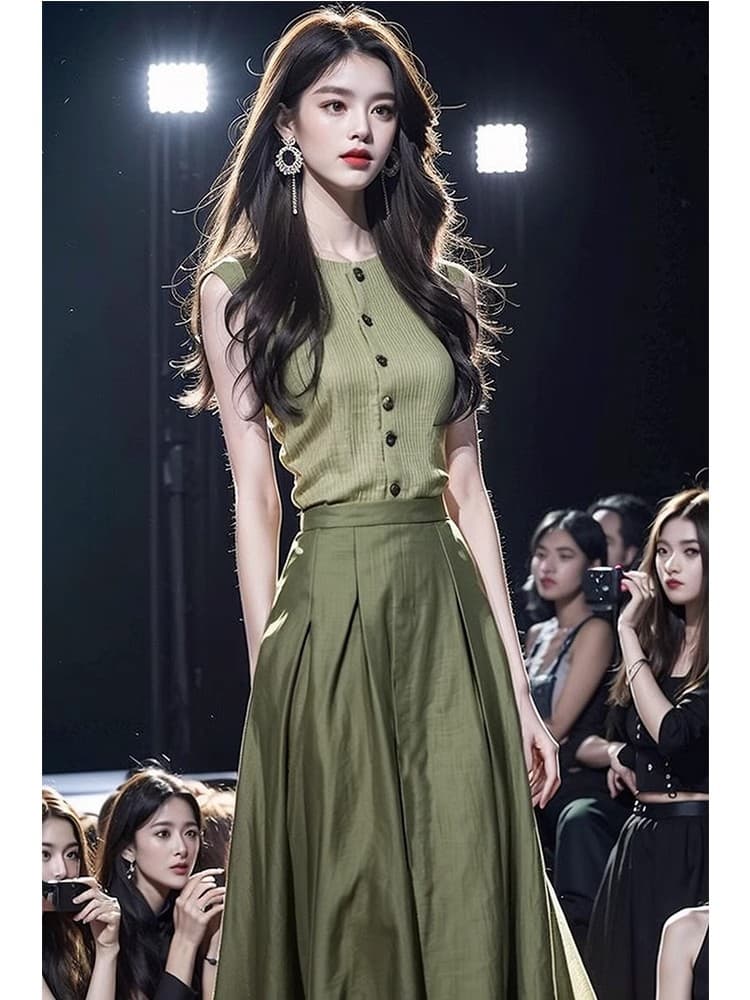 작은 샤넬 스타일 숙녀 품격 착용 가져 가라. 고급 센스 샤오 양 로드 중 녹색 조끼 맨위 반신 치마 세트 여성 여름 상세 이미지 4