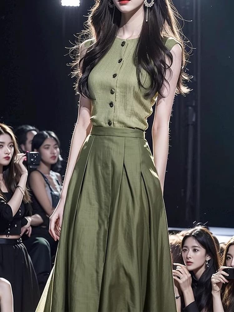 작은 샤넬 스타일 숙녀 품격 착용 가져 가라. 고급 센스 샤오 양 로드 중 녹색 조끼 맨위 반신 치마 세트 여성 여름 상세 이미지 5