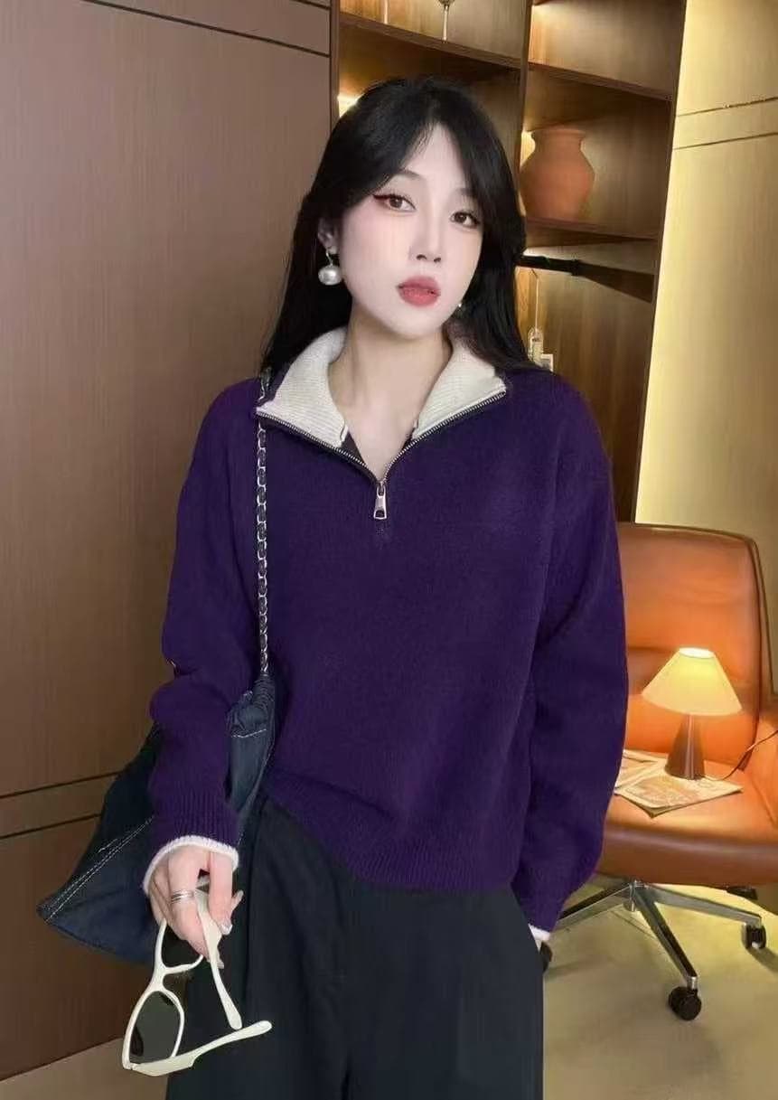 가을 겨울 고급 센스 두꺼운 하프 지퍼 폴로 칼라 스웨터 여자 겨울 한 부서 착용 가져 가라. 루즈핏 느긋한 바람 부드러운 찹쌀 맨위 이미지 2