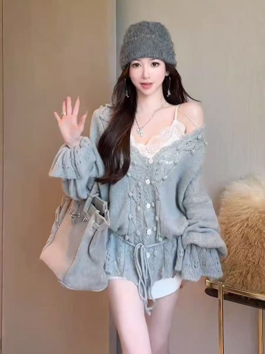 가을 따뜻한 꽃 스웨터 홀로우 아웃 자수 털 공 V넥 루즈핏 펌프 로프 밑단 니트 스웨터 여자 이미지 4
