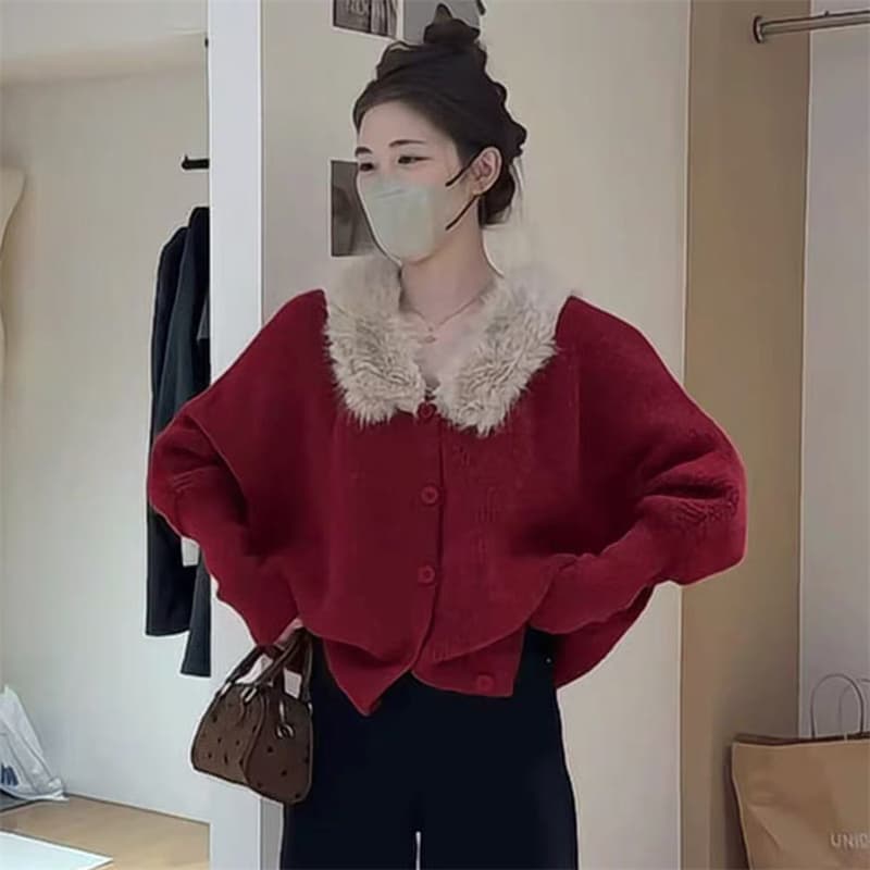 느긋한 바람 털 모피 칼라 니트 오픈 가디건 여성 코트 가을 겨울 세련된 품격 다용도 루즈핏 V넥 긴팔 스웨터 트렌디 이미지 2