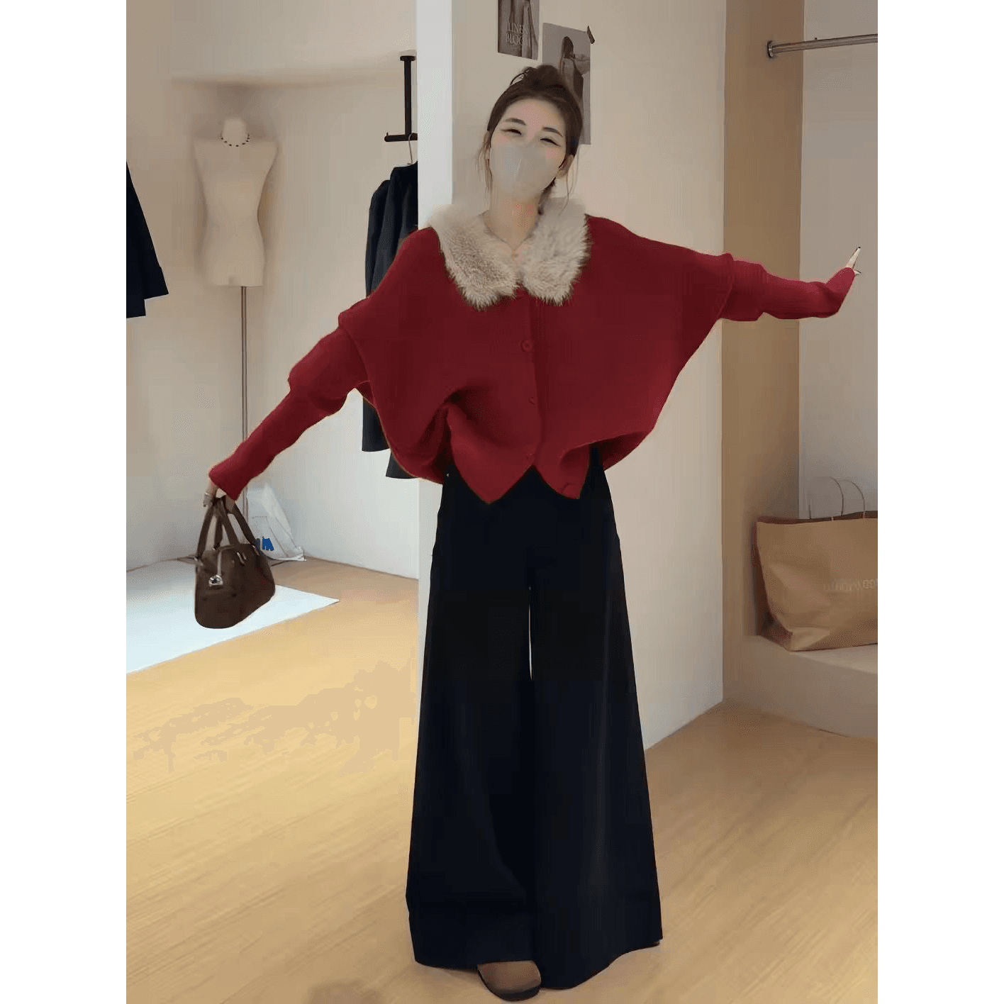 느긋한 바람 털 모피 칼라 니트 오픈 가디건 여성 코트 가을 겨울 세련된 품격 다용도 루즈핏 V넥 긴팔 스웨터 트렌디 상세 이미지 1