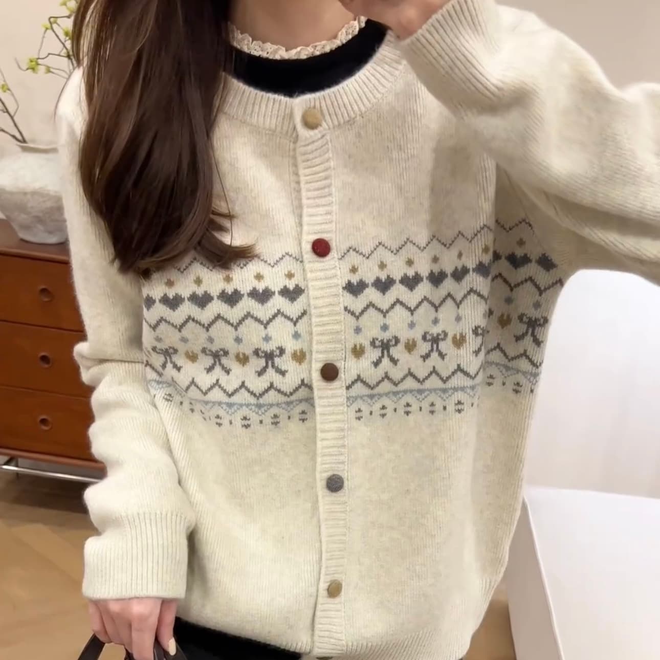 한국 스타일 배색 자카드 니트 오픈 가디건 느긋한 바람 외부 가져 가라. 가을 겨울 새로운 스웨터 코트 이미지 4