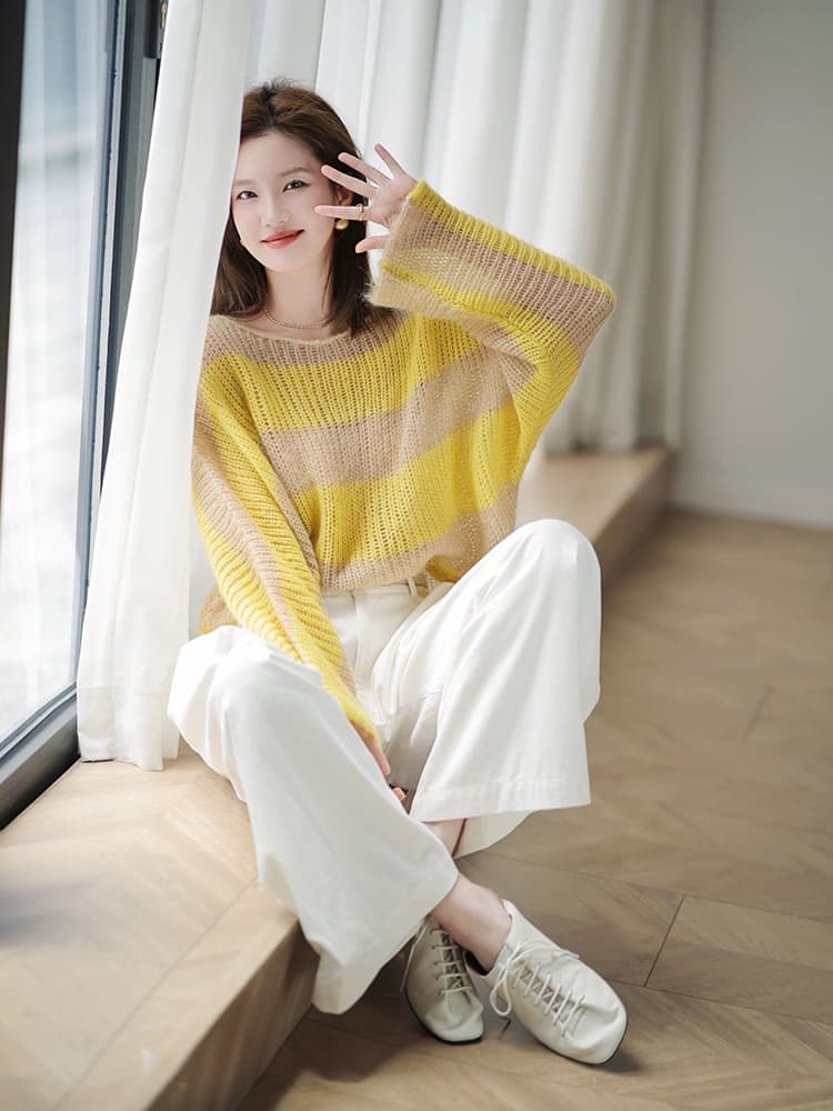 봄 가을 새로운 배색 부드러운 찹쌀 스웨터 여자 연령 감소 외국 가스 패션 다용도 연령 감소 홀로우 아웃 외부 가져 가라. 니트 스웨터 맨위 상세 이미지 4