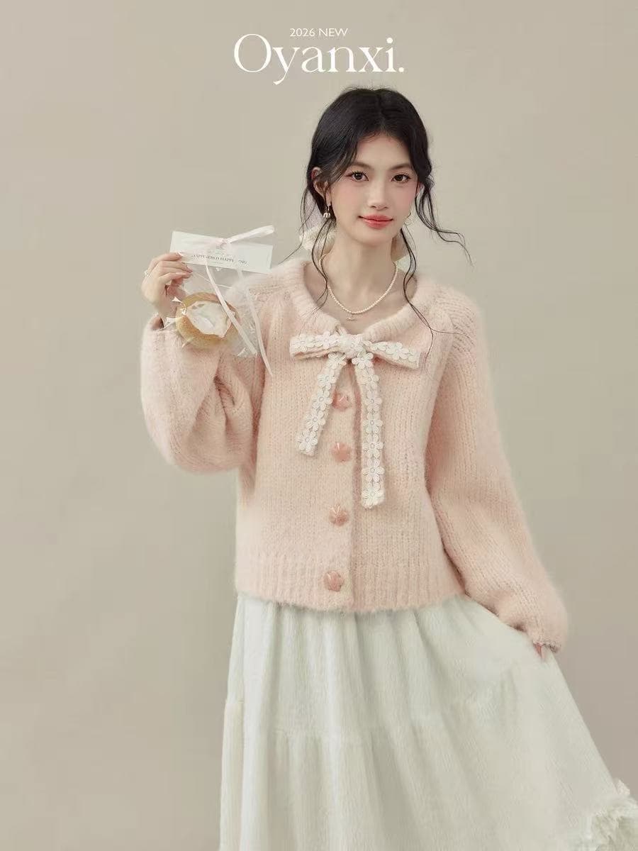 분말 동화 나비 매듭 스트랩 여성 가을 겨울철 핑크색 스웨터 모직물 오픈 가디건 맨위 이미지 3