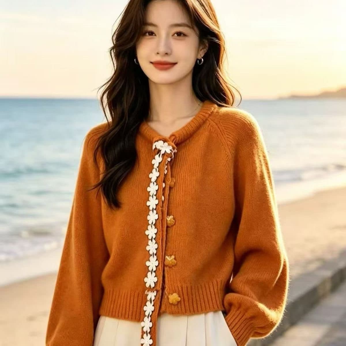 분말 동화 나비 매듭 스트랩 여성 가을 겨울철 핑크색 스웨터 모직물 오픈 가디건 맨위 이미지 4