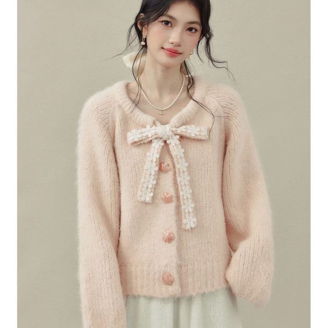 분말 동화 나비 매듭 스트랩 여성 가을 겨울철 핑크색 스웨터 모직물 오픈 가디건 맨위 상세 이미지 1