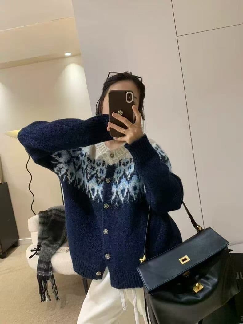 한국 chic 봄 가을 배색 자카드 긴팔 니트 오픈 가디건 싱글 줄 버튼 라운드 넥 루즈핏 스웨터 여성 코트 이미지 2