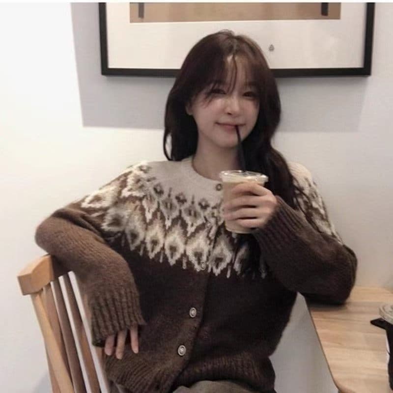 한국 chic 봄 가을 배색 자카드 긴팔 니트 오픈 가디건 싱글 줄 버튼 라운드 넥 루즈핏 스웨터 여성 코트 이미지 3