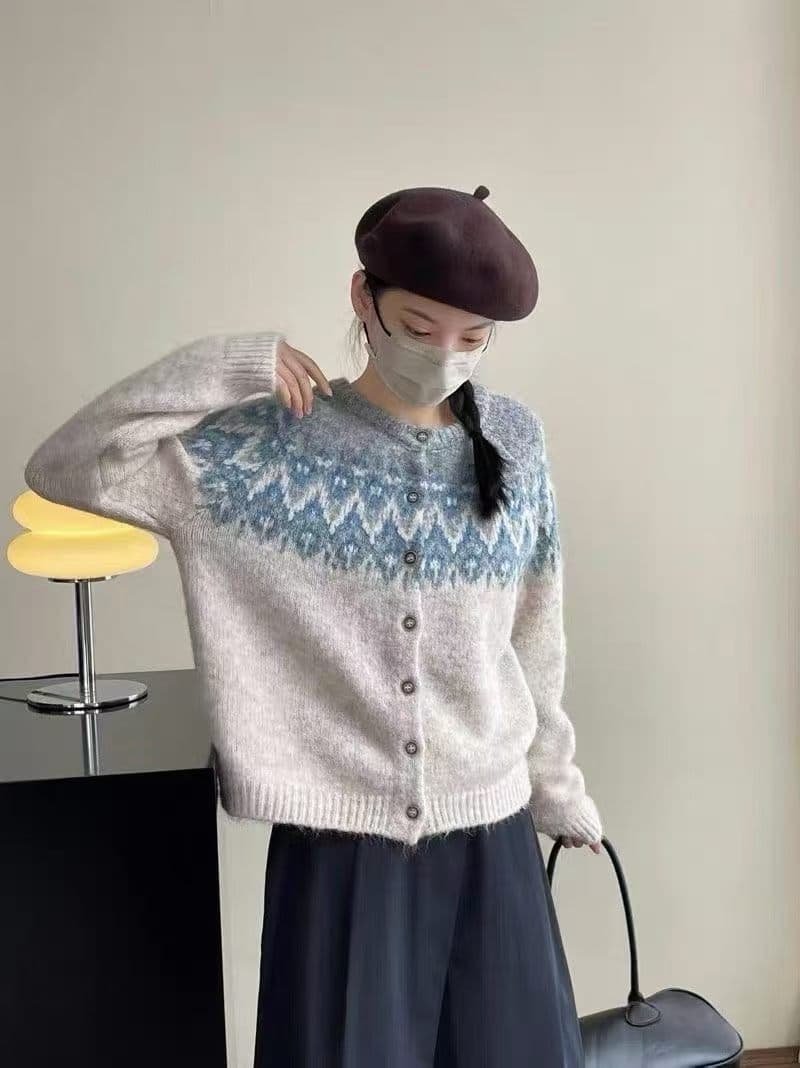 한국 chic 봄 가을 배색 자카드 긴팔 니트 오픈 가디건 싱글 줄 버튼 라운드 넥 루즈핏 스웨터 여성 코트 이미지 4