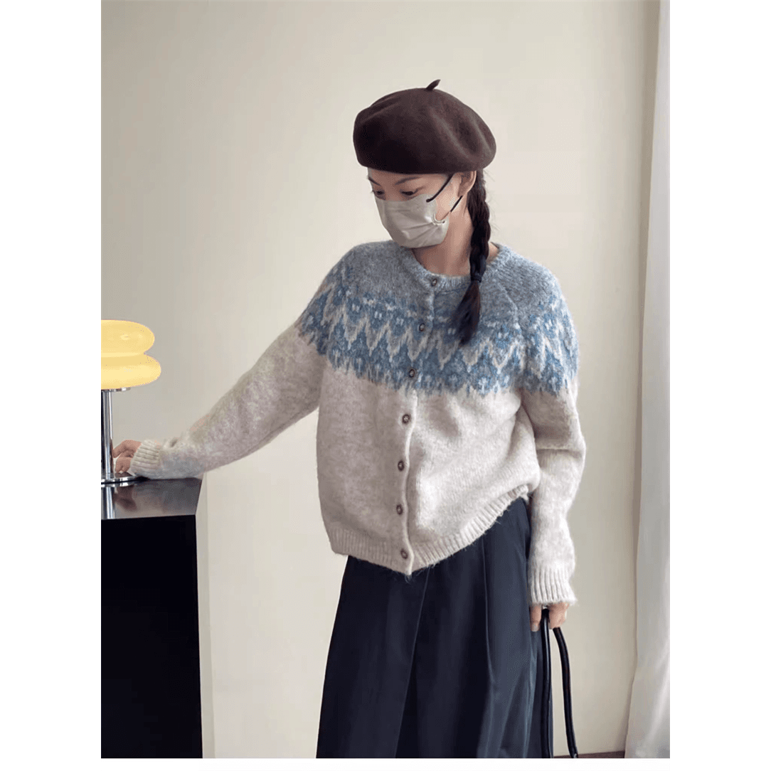 한국 chic 봄 가을 배색 자카드 긴팔 니트 오픈 가디건 싱글 줄 버튼 라운드 넥 루즈핏 스웨터 여성 코트 이미지 5