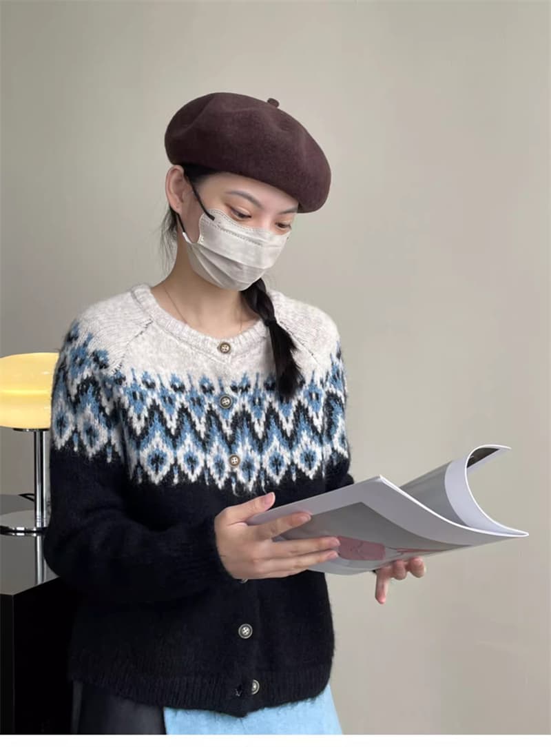 한국 chic 봄 가을 배색 자카드 긴팔 니트 오픈 가디건 싱글 줄 버튼 라운드 넥 루즈핏 스웨터 여성 코트 상세 이미지 7