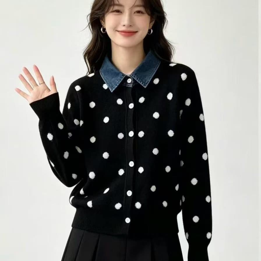 프랑스식 도트 무늬 페이크 레이어드 데님 패치워크 POLO 칼라 니트 스웨터 부드러운 찹쌀 연령 감소 스웨터 코트 가을 겨울철 새로운 상세 이미지 3