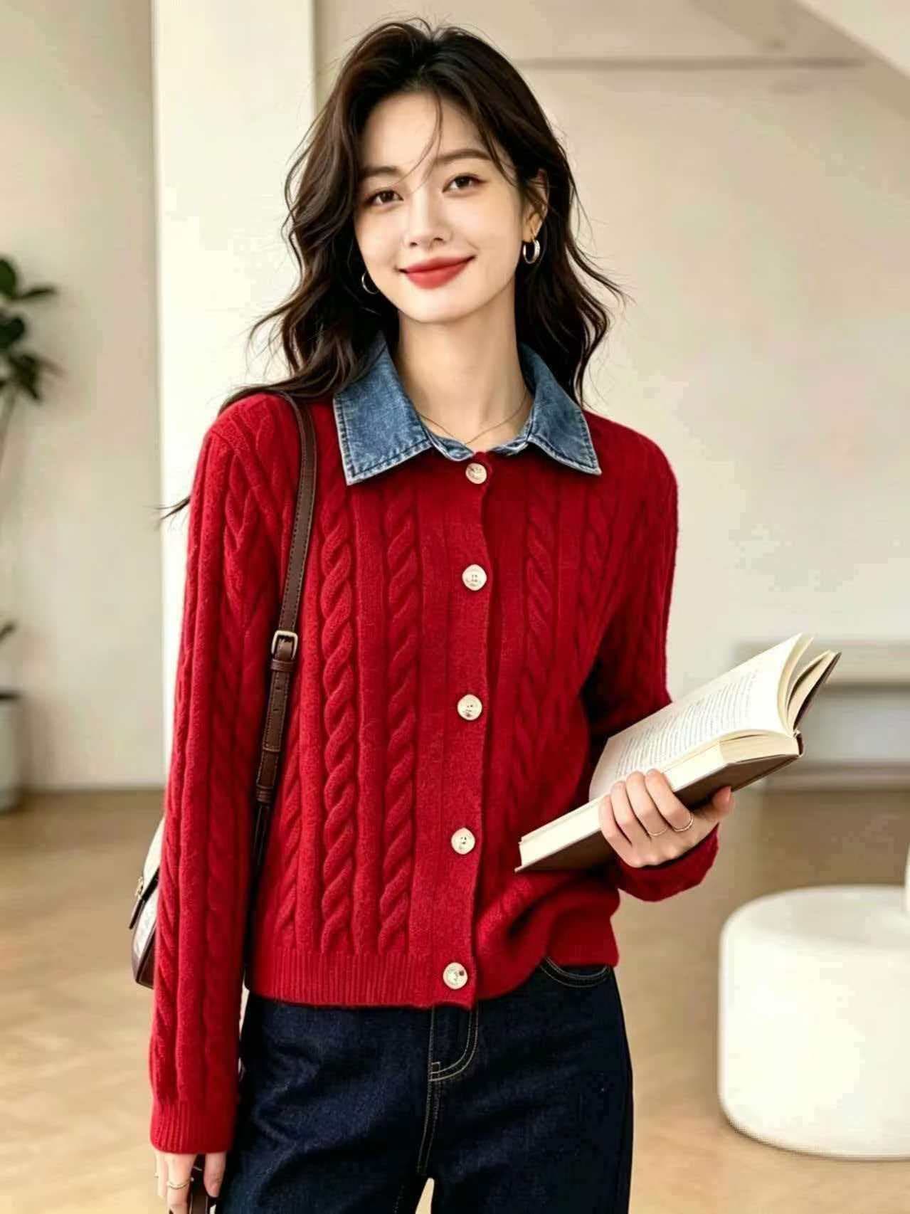 데님 패치워크 트위스트 꽃 페이크 레이어드 패션 품격 니트 카디건 코트 맨위 여성 상세 이미지 2