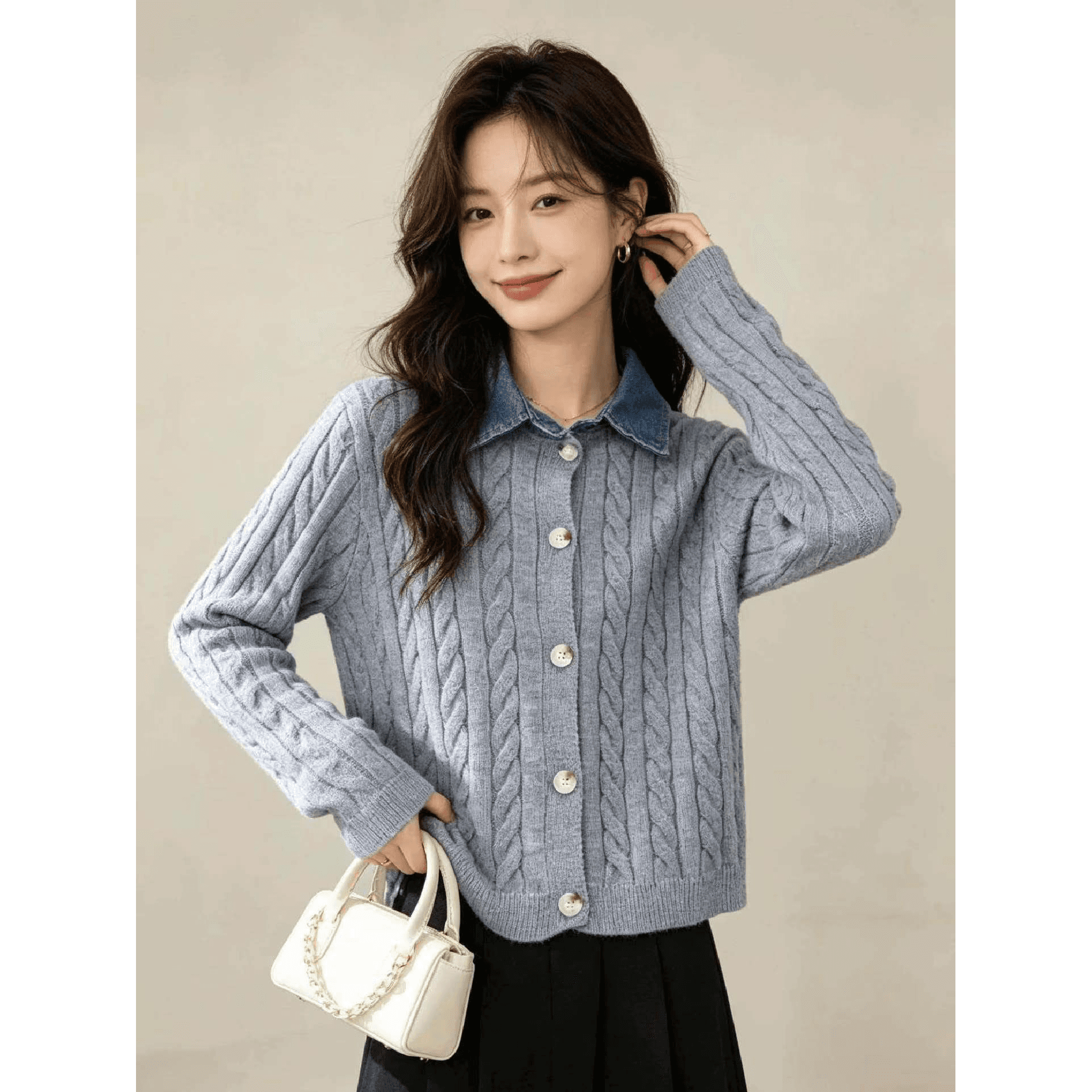 데님 패치워크 트위스트 꽃 페이크 레이어드 패션 품격 니트 카디건 코트 맨위 여성 상세 이미지 5
