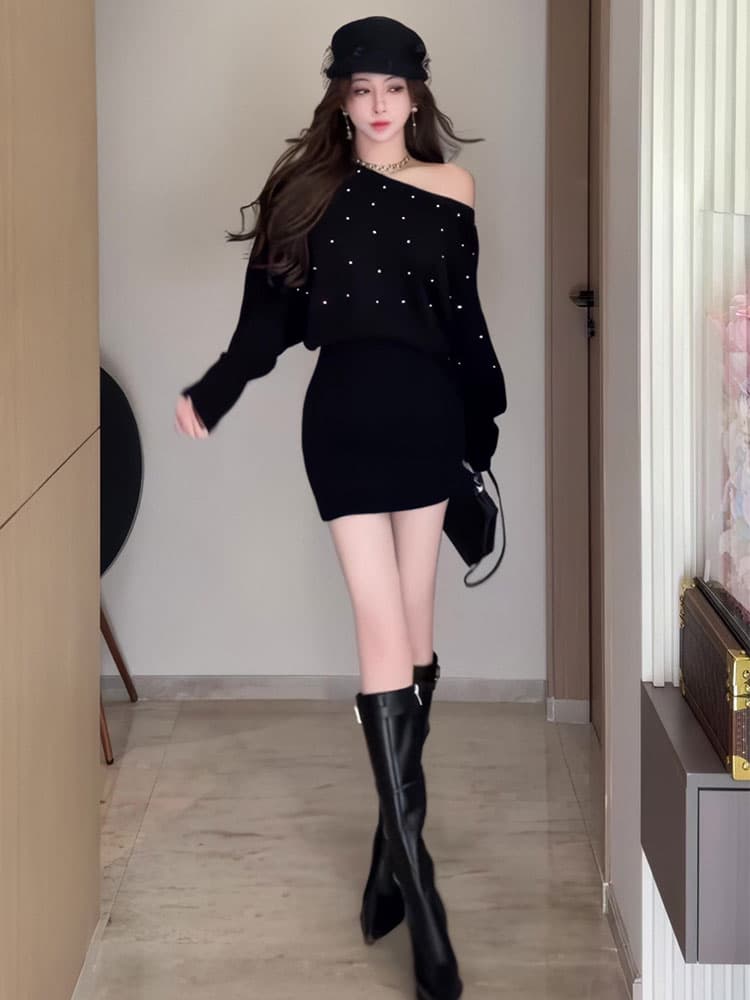 작은 샤넬 스타일 핫픽스 니트 여성 드레스 가을 겨울 순수한 욕망 섹시함 오프숄더 타이트 스커트 배트윙 소매 스웨터 치마 상세 이미지 6