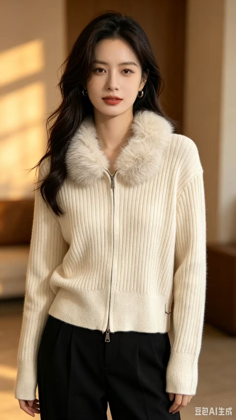 한 부서 미니멀리즘 화이트 모피 칼라 스웨터 오픈 가디건 여성 코트 작은 키 느긋한 루즈핏 더블 지퍼 외부 가져 가라. 니트 스웨터 상세 이미지 1