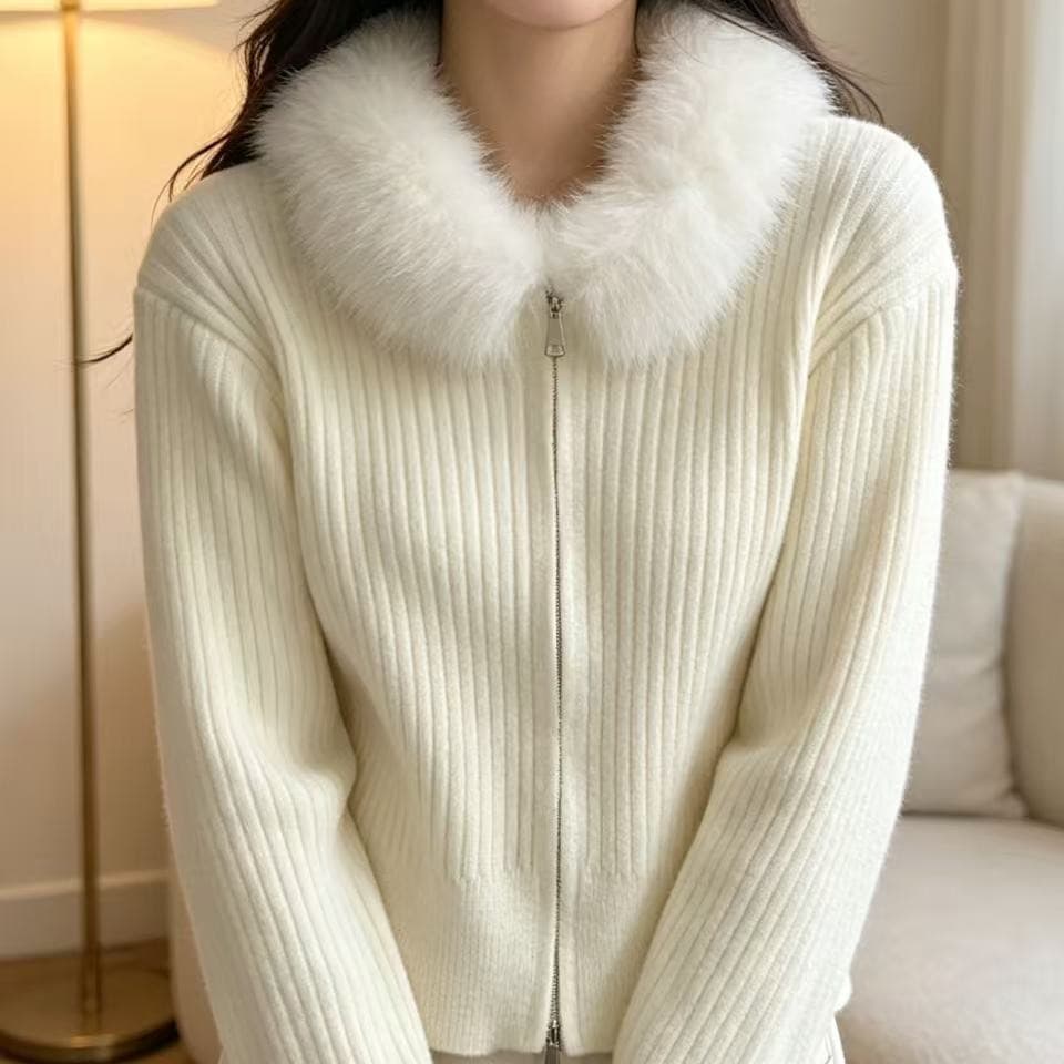 한 부서 미니멀리즘 화이트 모피 칼라 스웨터 오픈 가디건 여성 코트 작은 키 느긋한 루즈핏 더블 지퍼 외부 가져 가라. 니트 스웨터 상세 이미지 3