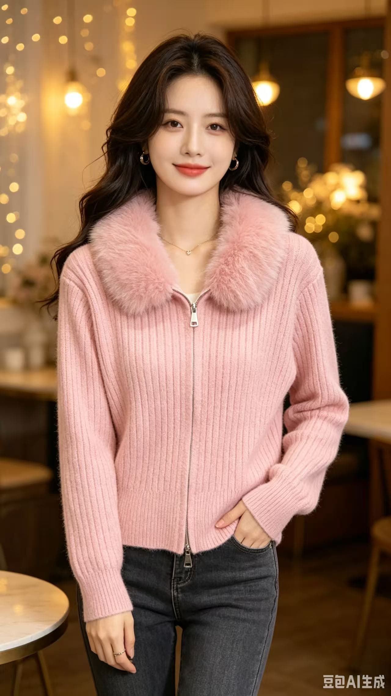 한 부서 미니멀리즘 화이트 모피 칼라 스웨터 오픈 가디건 여성 코트 작은 키 느긋한 루즈핏 더블 지퍼 외부 가져 가라. 니트 스웨터 상세 이미지 4