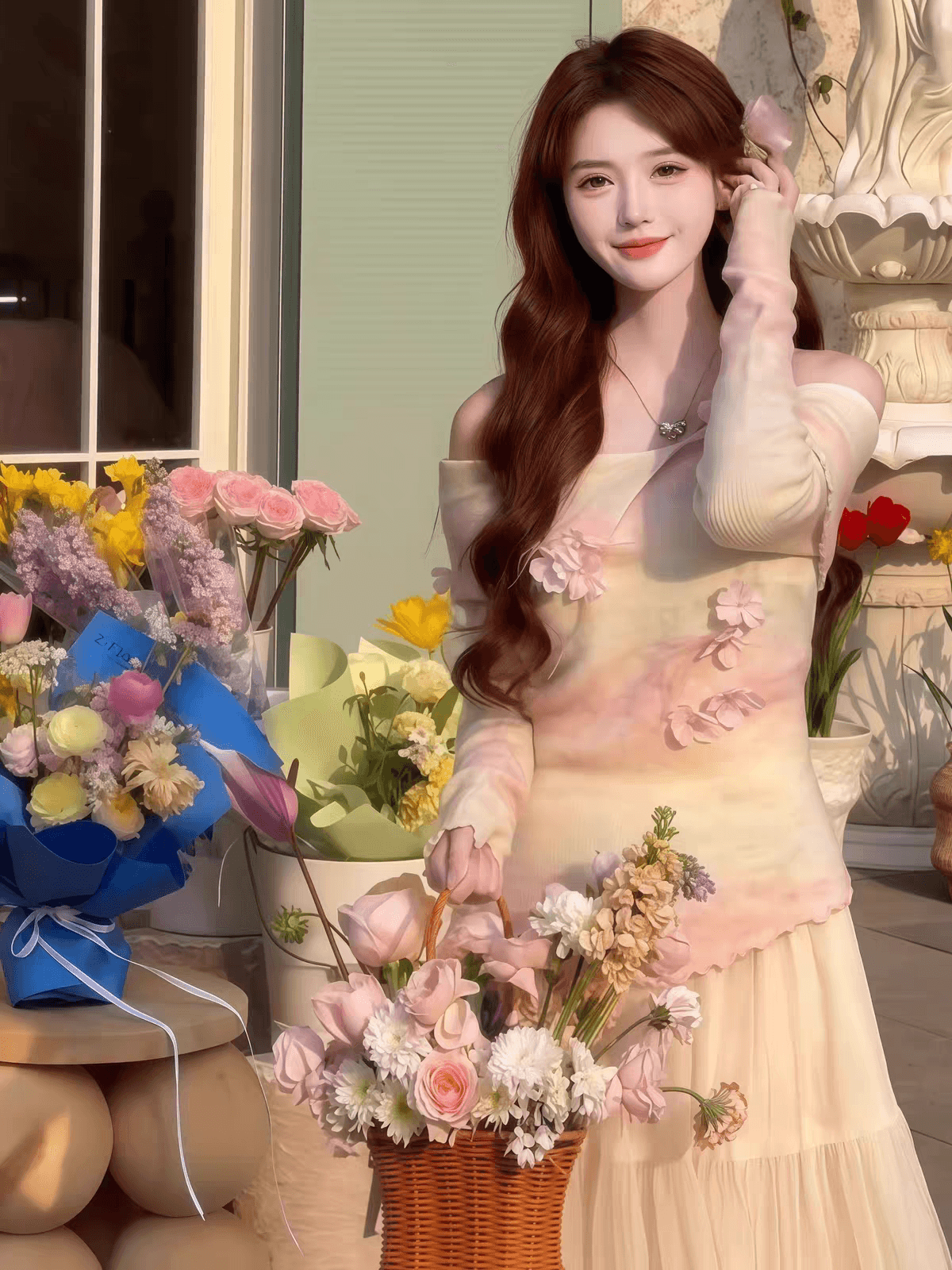 작은 대중 디자인 핑크색 3 차원 꽃 나팔 소매 몸매 가꾸기 오프숄더 예쁜 스웨터 풀오버 니트 스웨터 이미지 2