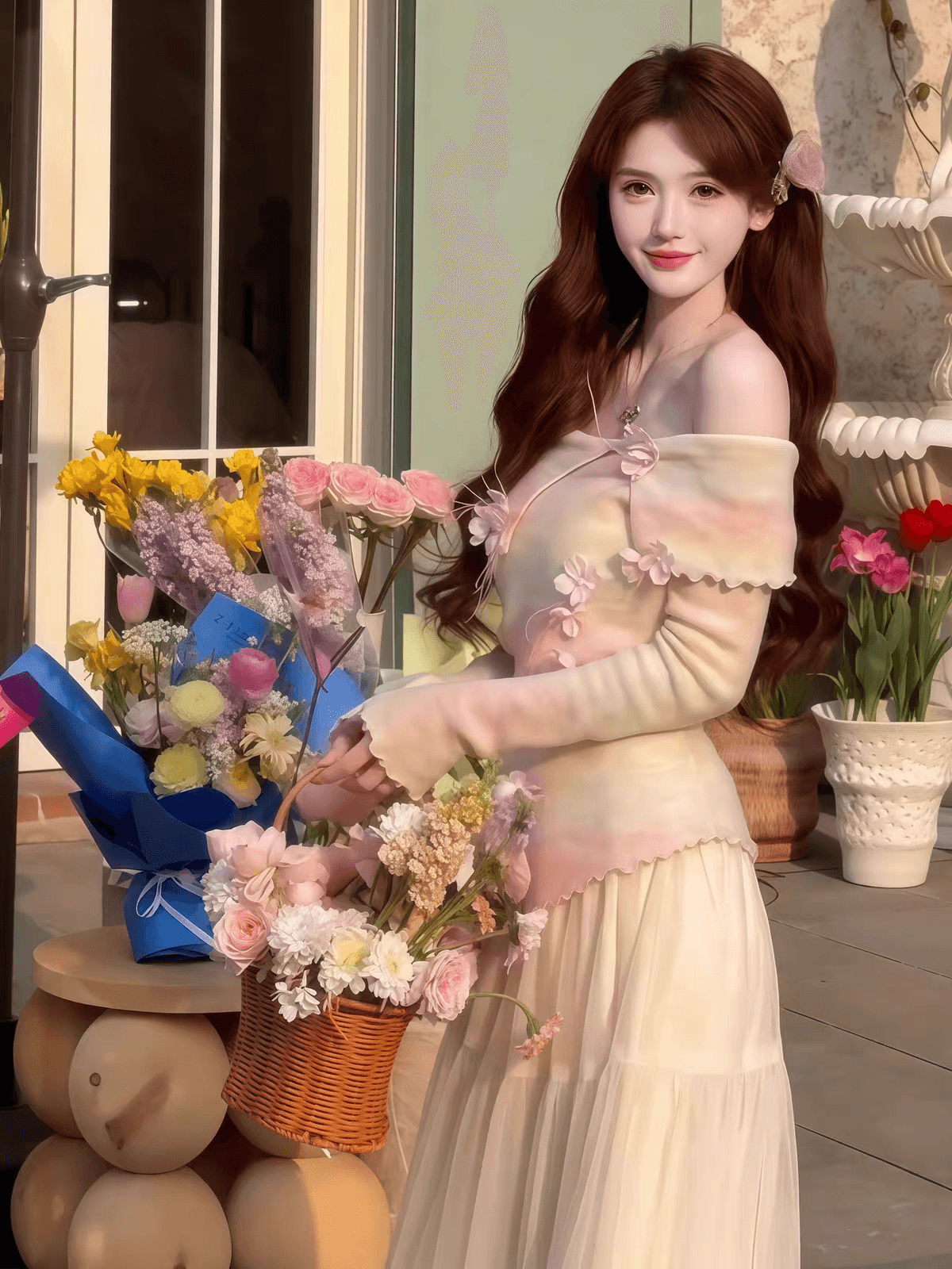 작은 대중 디자인 핑크색 3 차원 꽃 나팔 소매 몸매 가꾸기 오프숄더 예쁜 스웨터 풀오버 니트 스웨터 상세 이미지 3