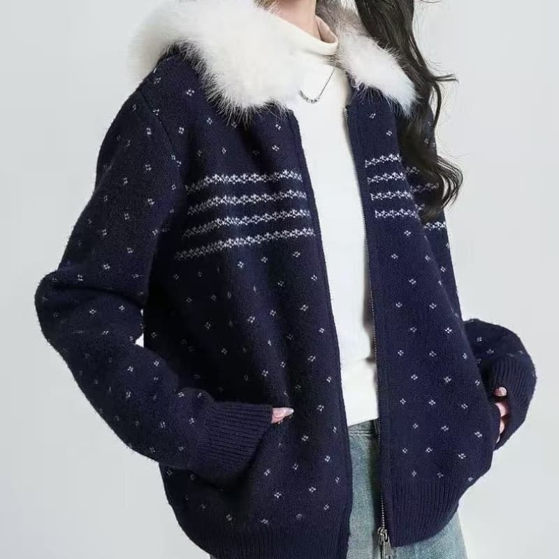 공정한 섬 느긋한 후드 털 모피 칼라 지퍼 오픈 가디건 스웨터 코트 가을 겨울 레트로 품격 캐주얼 맨위 이미지 3